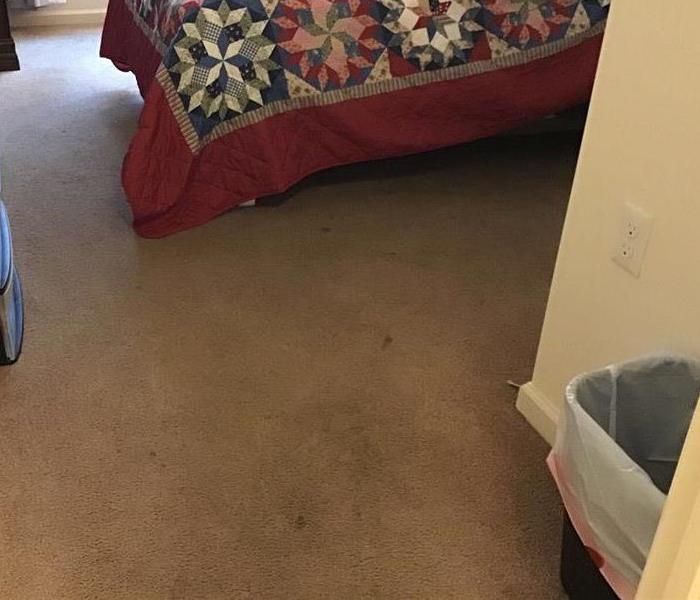 A bedroom entrance with stains on the carpet.